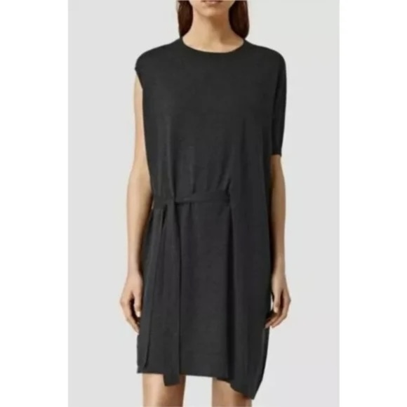 All Saints Shera Sweater Dress, Asymmetrical w/ Belt, Cinder Black Marl, Small - Picture 1 of 2